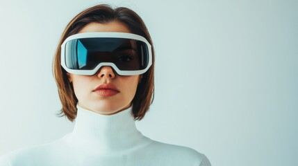 A woman in futuristic goggles poses against a minimalist background, embodying themes of technology and innovation.