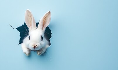 Fototapeta premium Easter bunny ears sticking out of a hole on a blue background