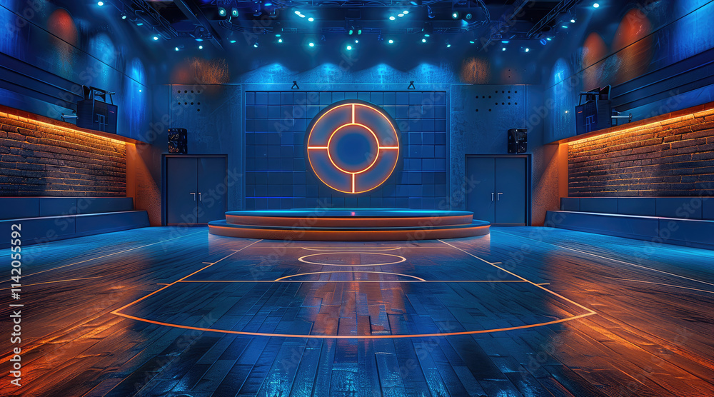 Poster a basketball themed modern game show that includes a large wheel of prizes and challenges with moder