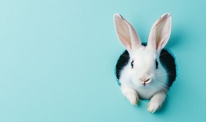 Obraz premium Easter bunny ears sticking out of a hole on a blue background