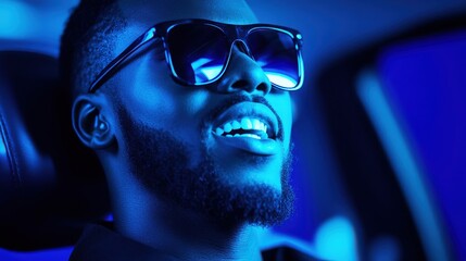 A smiling man with sunglasses sits in a car, illuminated by blue lighting, conveying a cool, relaxed vibe.