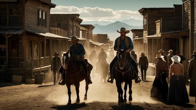 A classic western scene with a dusty street, wooden buildings and cowboy riders
