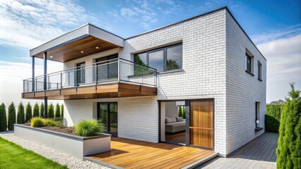Modern white brick house with a stylish grey wood balcony; clean lines, minimalist aesthetic.