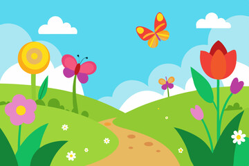 Beautiful Flower Garden in Spring with Sunlight and Butterflies
