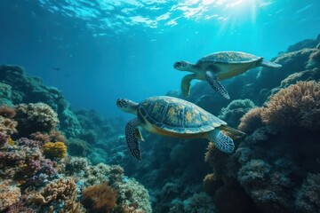 Obraz premium A pair of sea turtles swimming gracefully through a coral reef, surrounded by soft, dappled light and a rich variety of marine vegetation 