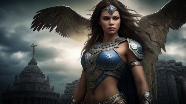 A powerful, mythical female warrior standing amidst ancient ruins