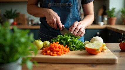A person carefully chopping vegetables for a nutritious salad on a wooden cutting board in a cozy kitchen