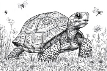 Intricate coloring page featuring a turtle walking in a field of flowers, with insects flying around, ideal for nature lovers and coloring enthusiasts
