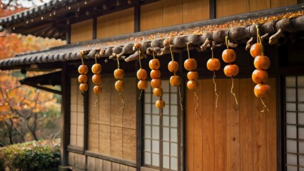 A traditional Japanese scene of hoshigaki (dried persimmons) hanging under a wooden house&rsquo;s eaves, surrounded by rural autumn landscapes, glowing in warm sunlight.