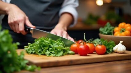 A person carefully chopping vegetables for a nutritious salad on a wooden cutting board in a cozy kitchen