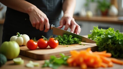 A person carefully chopping vegetables for a nutritious salad on a wooden cutting board in a cozy kitchen