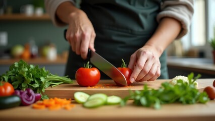 A person carefully chopping vegetables for a nutritious salad on a wooden cutting board in a cozy kitchen