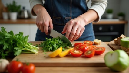 A person carefully chopping vegetables for a nutritious salad on a wooden cutting board in a cozy kitchen