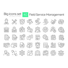 Field service management linear icons set. FMS system. Represent tools, gears, documents and workflows. Customizable thin line symbols. Isolated vector outline illustrations. Editable stroke