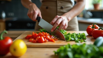 A person carefully chopping vegetables for a nutritious salad on a wooden cutting board in a cozy kitchen