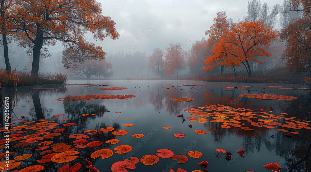 Poster a lake surrounded by autumn trees, with red and orange leaves floating on the water surface. the sky