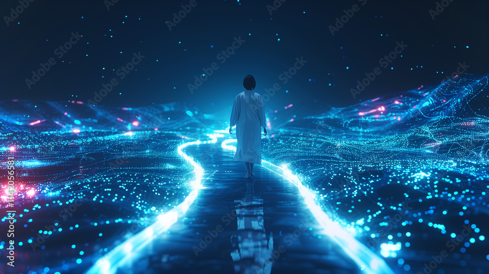 Poster this person in a white robe walks along a glowing digital path surrounded by vibrant lights and data