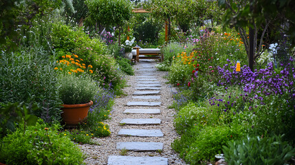 Exploring a Tranquil Garden Path Enveloped by Fragrant Basil and Colorful Flowering Thyme