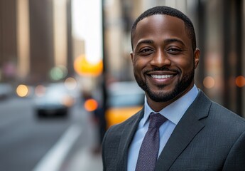 Confident African American Businessman Smiling Outdoors in Urban Environment with Soft Focus Background and Blurred Traffic Lights