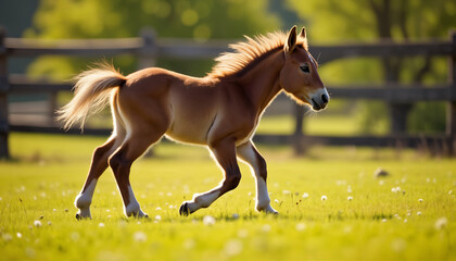 Obraz premium Young Horse Running in Sunny Field