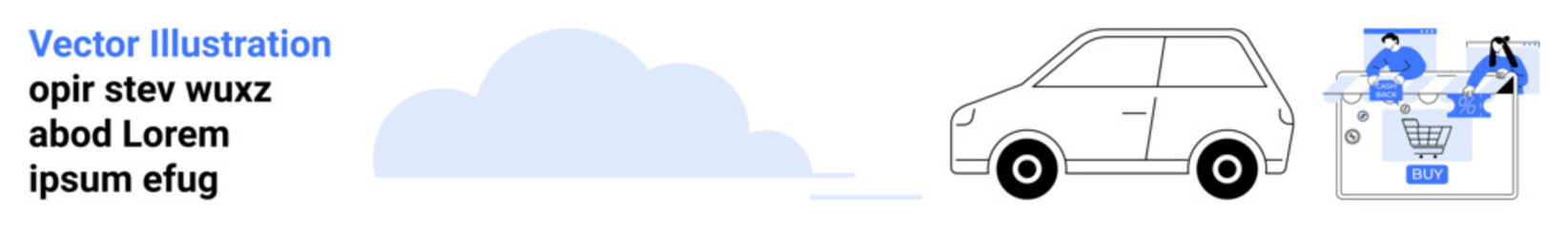 Car driving towards cloud with people interacting with online shopping cart interface. Ideal for e-commerce, delivery service, online shopping, logistics, digital marketplaces, customer experience