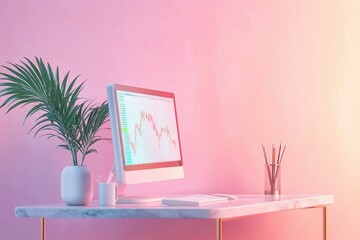 modern workspace featuring computer displaying financial graphs, potted plant, and stationery on marble desk against pink wall