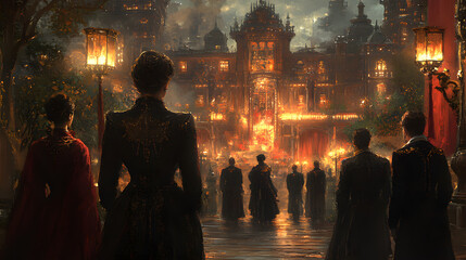 An Enigmatic Encounter: A Victorian Lady Navigates a Mysterious Grand Ballroom SoirÚe with Other Well-Dressed Guests