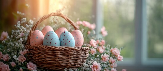 Obraz premium Pastel Easter eggs in a wicker basket surrounded by flowers.
