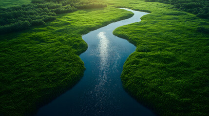 A Tranquil Stream Threading Through Vibrant Green Grass Under Dancing Sunlight: A Nature's Beauty