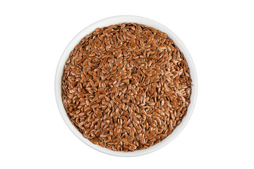 flaxseed in ceramic bowl isolated on white background. Top view. Flat lay