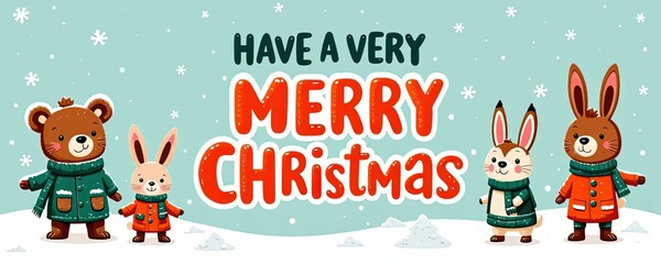 Fototapeta premium Playful Christmas card with cartoon animals in winter coats and snowy landscape