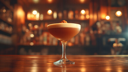 Elegant Espresso Martini - A Stylish Cocktail Experience Captured in a Modern Bar Setting with Vibrant Background Lighting