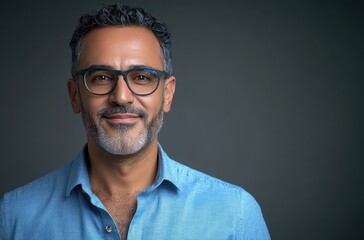 Obraz premium Confident Middle-Aged Man Wearing Glasses with Short Gray Hair, Smiling Against a Dark Background in a Casual Blue Button-Up Shirt