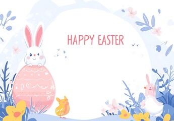 Obraz premium Easter egg with a rabbit, chicken, and floral frame background