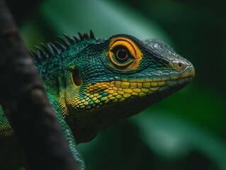 Fototapeta premium close-up portrait of an exotic green and yellow lizard, macro photography, studio lighting, professional color grading, shallow depth of field, green background