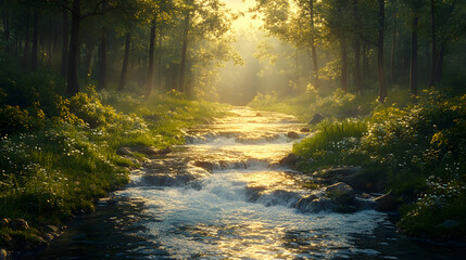 Fototapeta premium Lofty Perspective of a Peaceful Stream Meandering Through a Verdant Landscape Bathed in Warm Sunlight