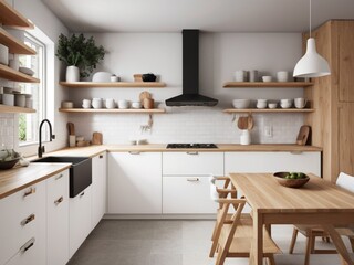 scandinavian style kitchen with light wood elements and open shelving