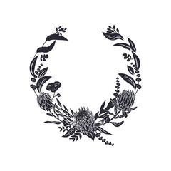 Hand drawn monochrome line art tropical protea flower round frame silhouette. Black floral wreath greeting card template