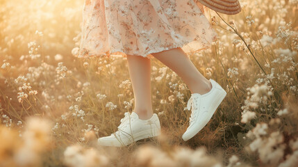 Floral dress and white sneakers in blooming meadow at sunset