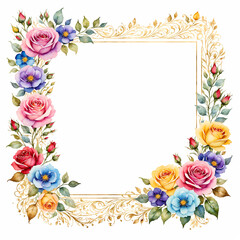 A border of colorful roses and tiny flowers with gold lines on a white background - Generative AI