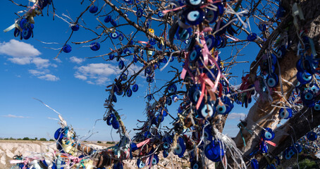 A tree adorned with vibrant Nazar amulets, also known as the Evil Eye, stands under the clear blue sky, symbolizing protection and tradition in Turkish culture. © eskstock