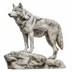Grey wolf stone statue standing on a rock, looking to its right