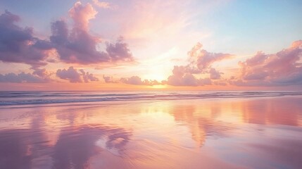 Naklejka premium Dreamlike Beach with Soft Pastel Skies at Sunset