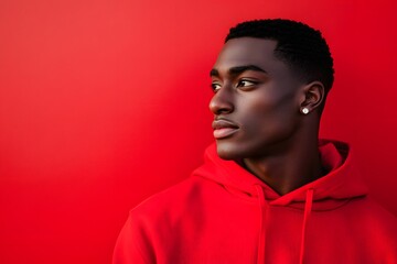 a confident young man in a stylish red hoodie against a bold red background with a modern, minimalist and vibrant look