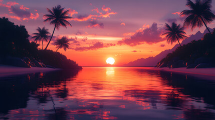 A Dreamy Sunset Beach Scene in Cubism Reflecting Tranquility through Vibrant Color Fragmentation and Abstract Imagery