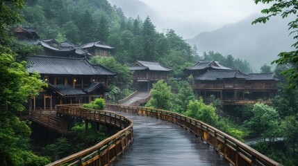 Fototapeta premium Rainy Day in a Mountain Village