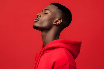 Obraz premium a confident young man in a stylish red hoodie against a bold red background with a modern, minimalist and vibrant look