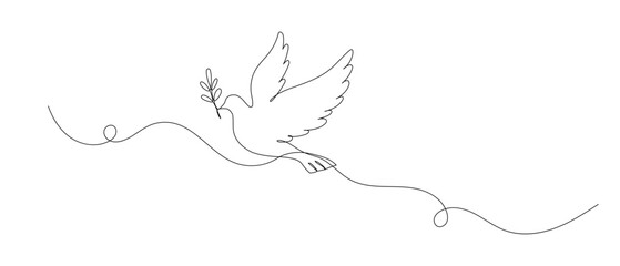 Dove with olive branch one continuous line illustration. Hand drawn doodle sketch of bird of piece, pigeon