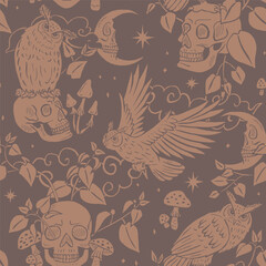 Fototapeta premium Seamless pattern with hand drawn inky eagle owls sitting on human skulls. Celestial Skeleton heads with predator birds in forest foliage repeat background. Night sky with crescents and stars wallpaper