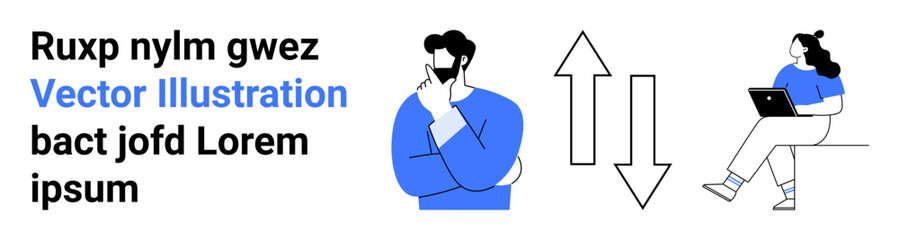 Man thinking, arrows, and woman with laptop. Ideal for business, communication, teamwork, brainstorming, remote work, technology, productivity. Landing page